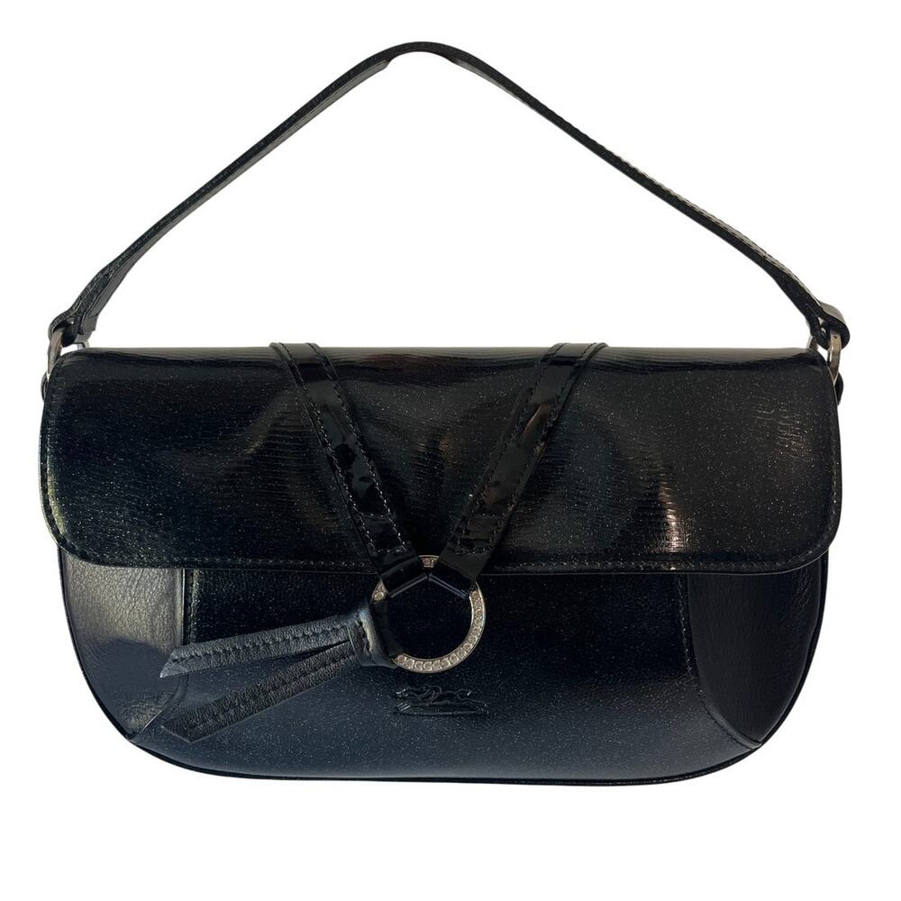Longchamp Idole Y2K Vintage Black Patent Leather Clutch Silver Ring Tassel